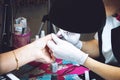 Kiev, Ukraine Ã¢â¬â 19 September, 2018: nail sticker, wraps procedure. How to Apply Nail Stickers. Beauty salon, manicure, woman and